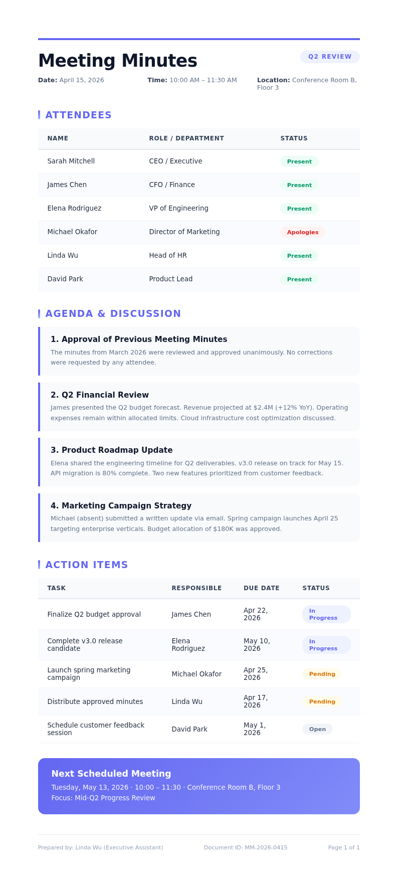 Bold contemporary tech meeting minutes